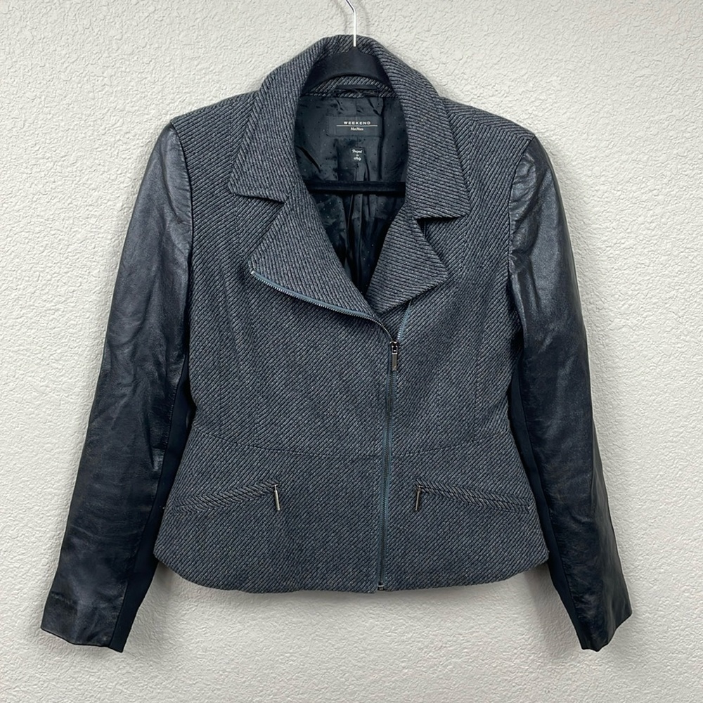 Weekend MaxMara Mixed Media Biker Jacket Moto Gray Black Vegan Faux Leather Wool